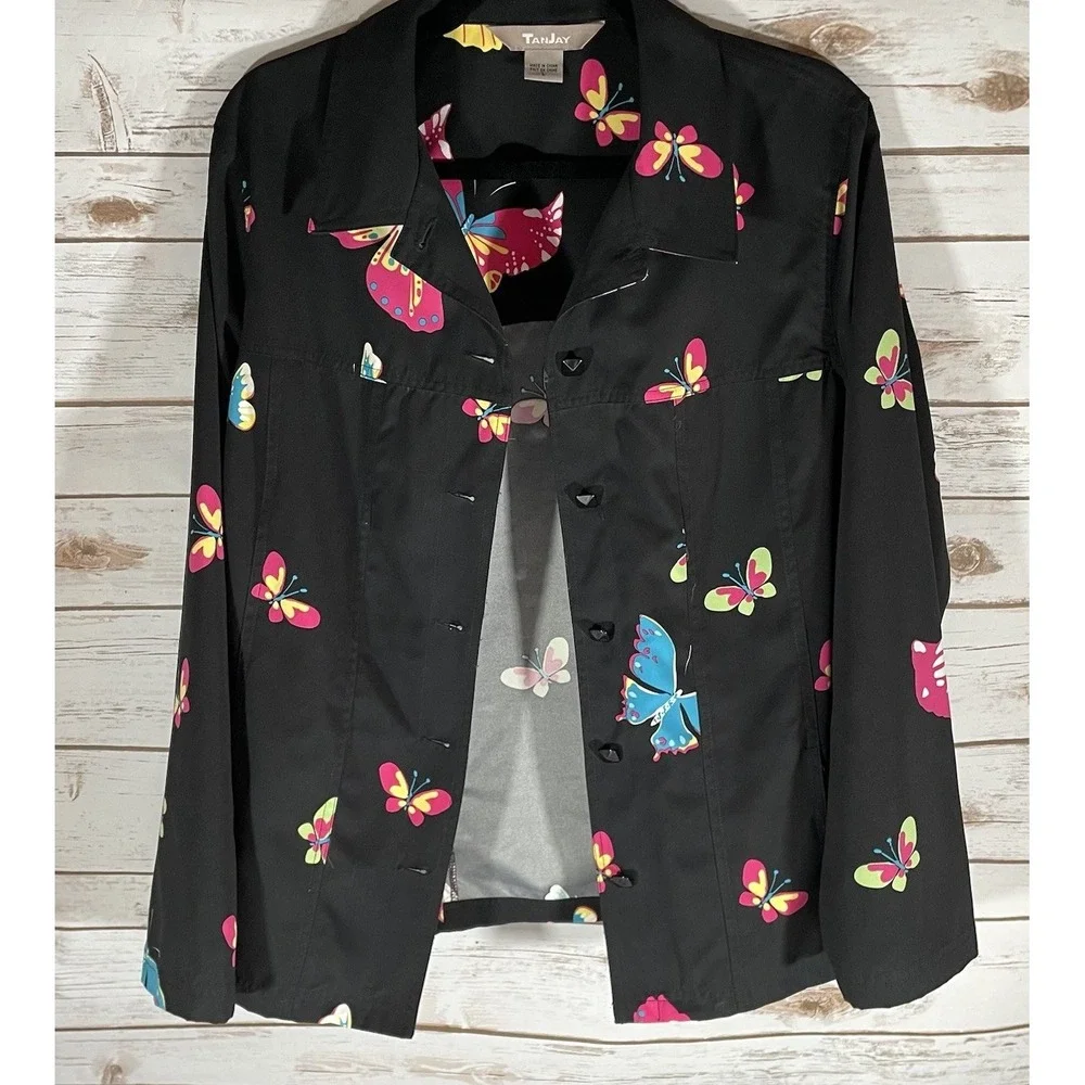 Black Butterfly Print Lightweight Jacket L Retro Whimsigoth Fairy Grunge Y2K 90s